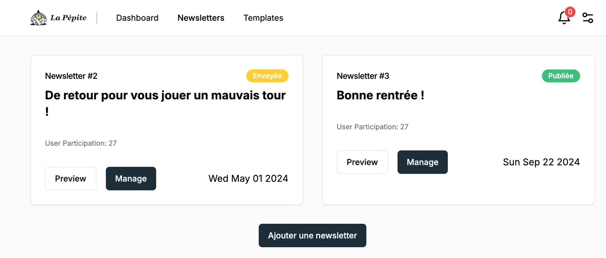 Une partie du dashboard de La pépite